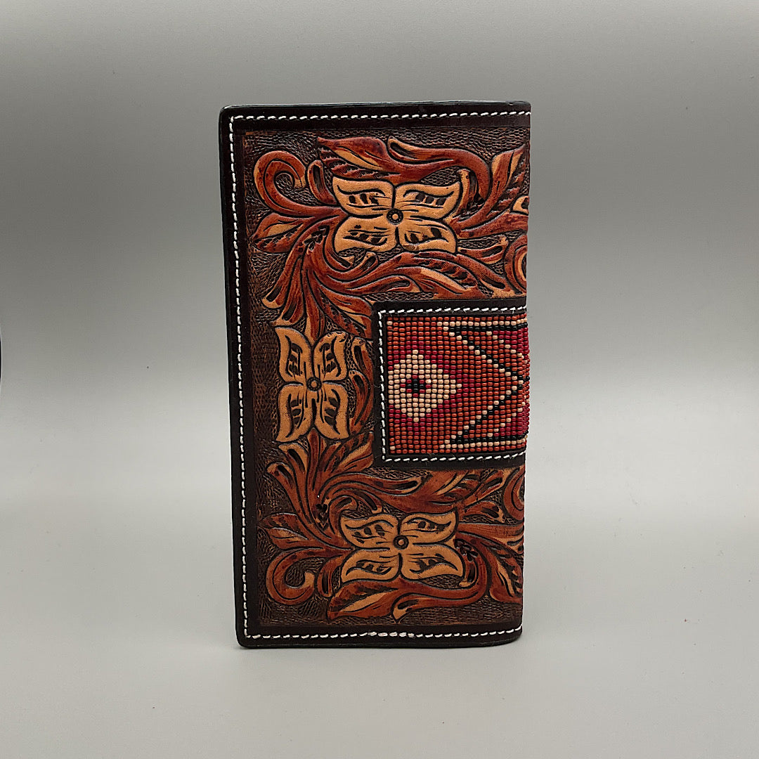 Twisted X - Brown Tooled Leather with Beaded Accent Checkbook Cover/Rodeo Wallet XH-248R