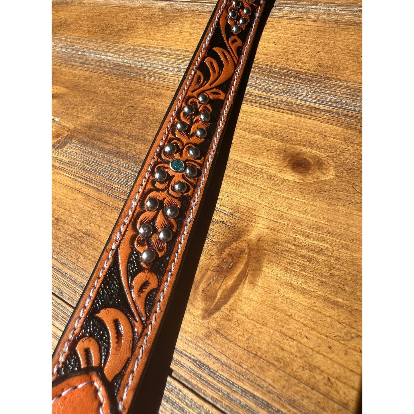 Western Tooled Leather Fancy Dog Leash Blue Padded Handle