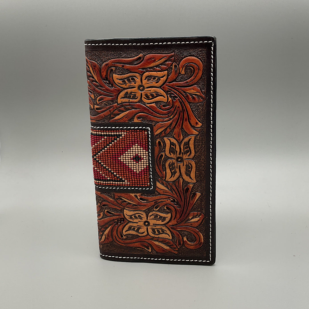 Twisted X - Brown Tooled Leather with Beaded Accent Checkbook Cover/Rodeo Wallet XH-248R