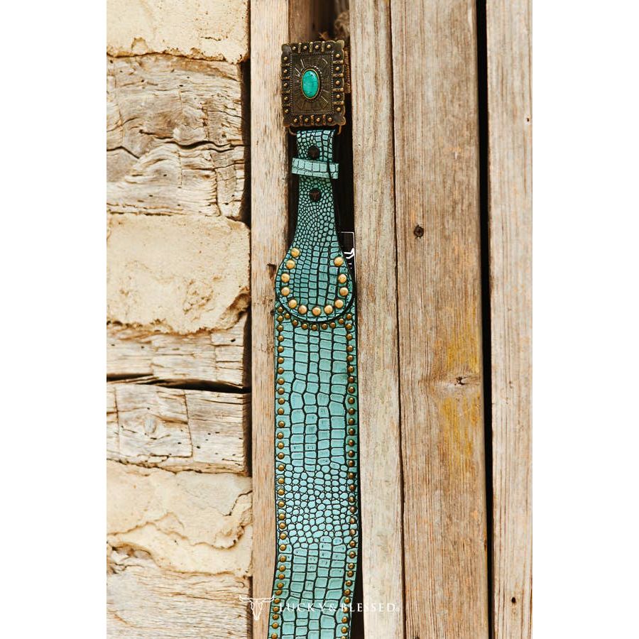 Turquoise Gator Leather Gold Studded Wide Concho Buckle Belt