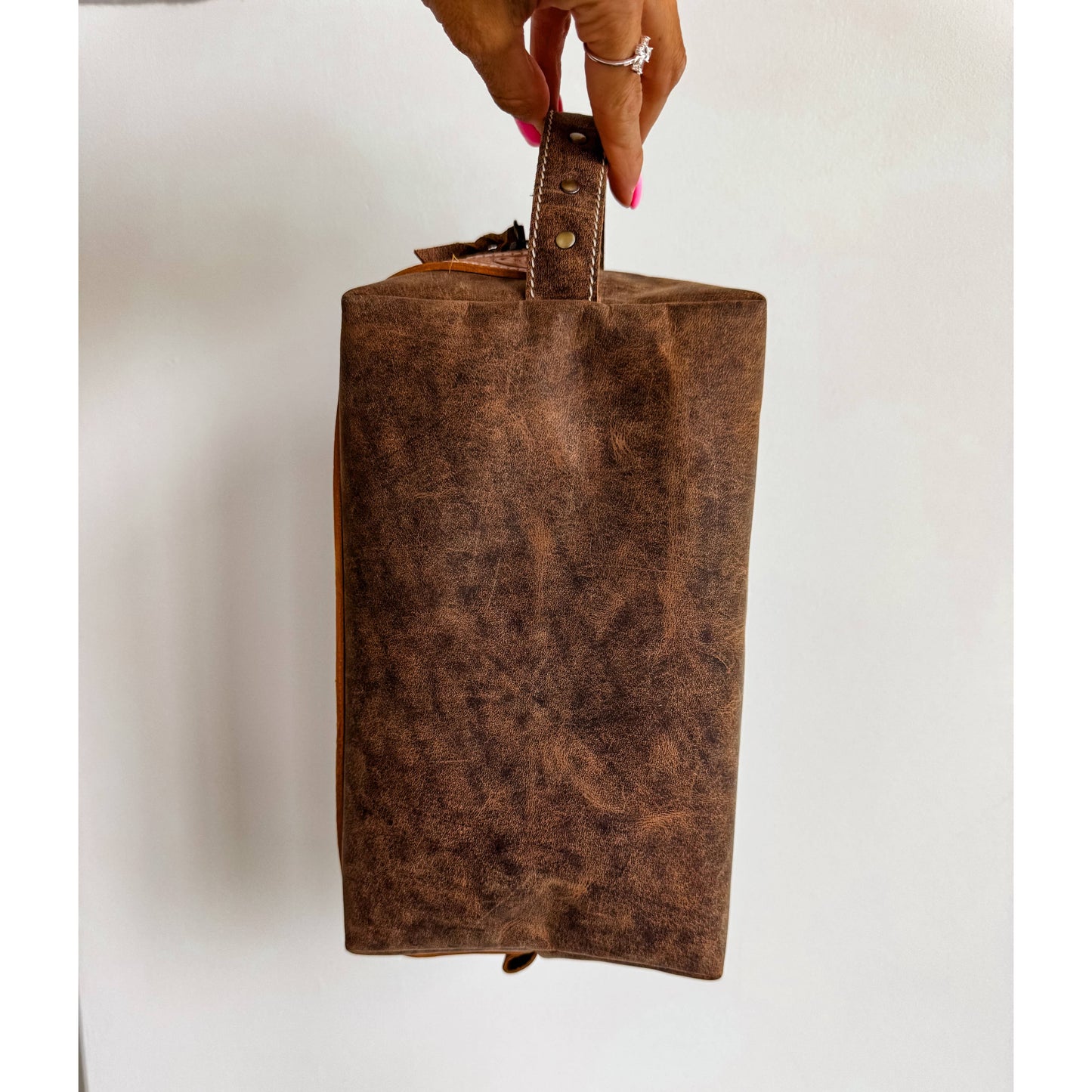 Boot Stitch Handtooled Leather Toiletry Makeup Shaving Bag