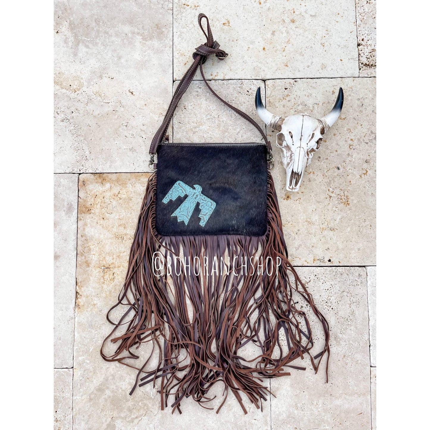 Boho Ranch Shop - THUNDERBIRD COWHIDE CROSSBODY tooled Leather Cowhide Clutch