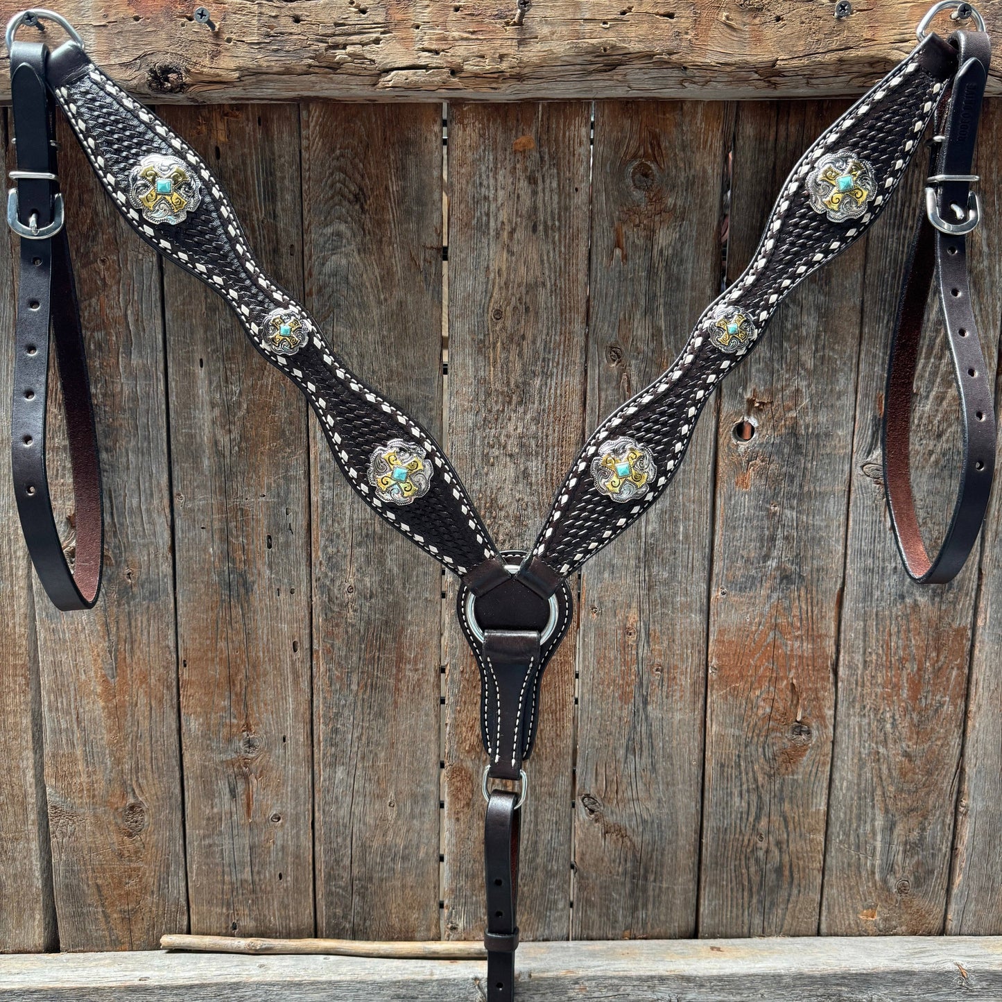Rodeo Drive - Dark Oil Buckstitch Gold Cross Browband/One Ear and Breastcollar Tack Set #BBBC401