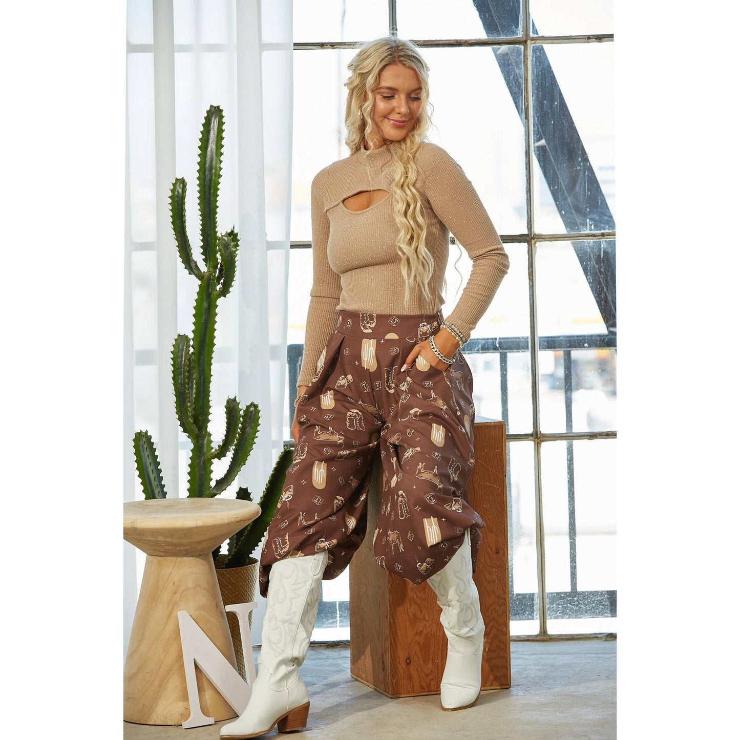 Nylon Apparel - P919-4663-Western Farm Fabric Flare Wide Leg Palazzo Pants