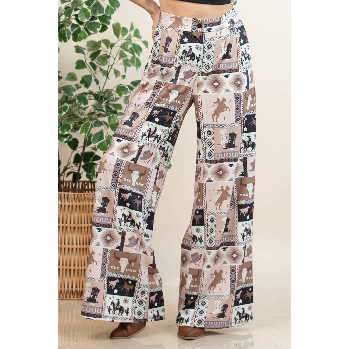 Nylon Apparel - P1261-6274-Nora Western Patch Collage Print Slack Pants