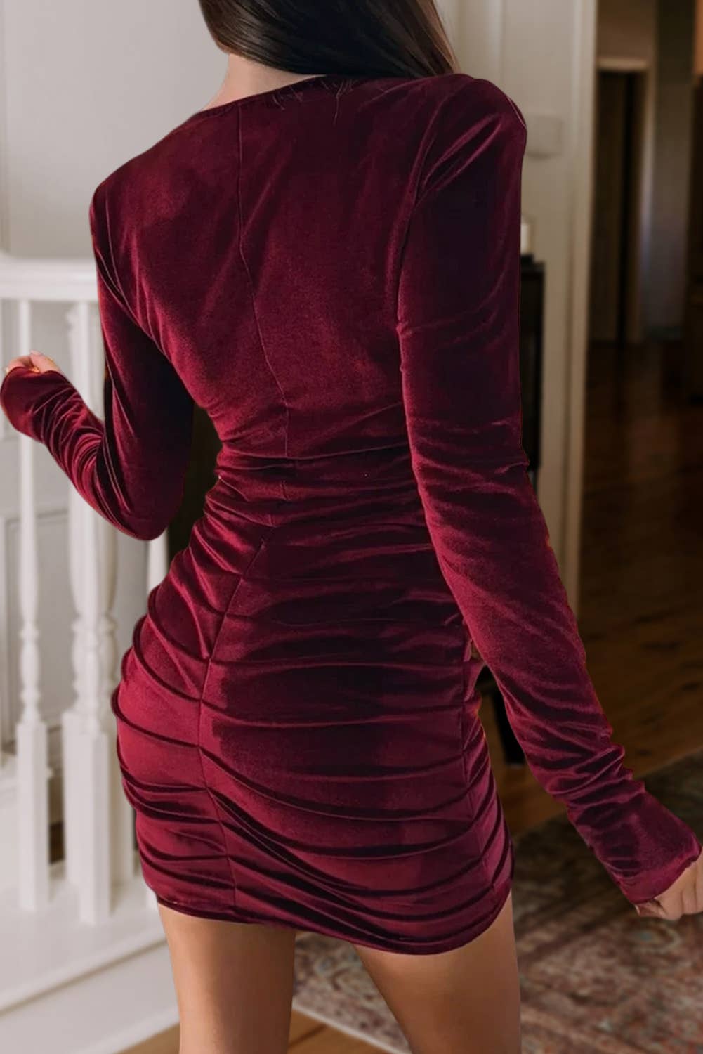 Velvet Pleated Bodycon Long Sleeve Mini Dress