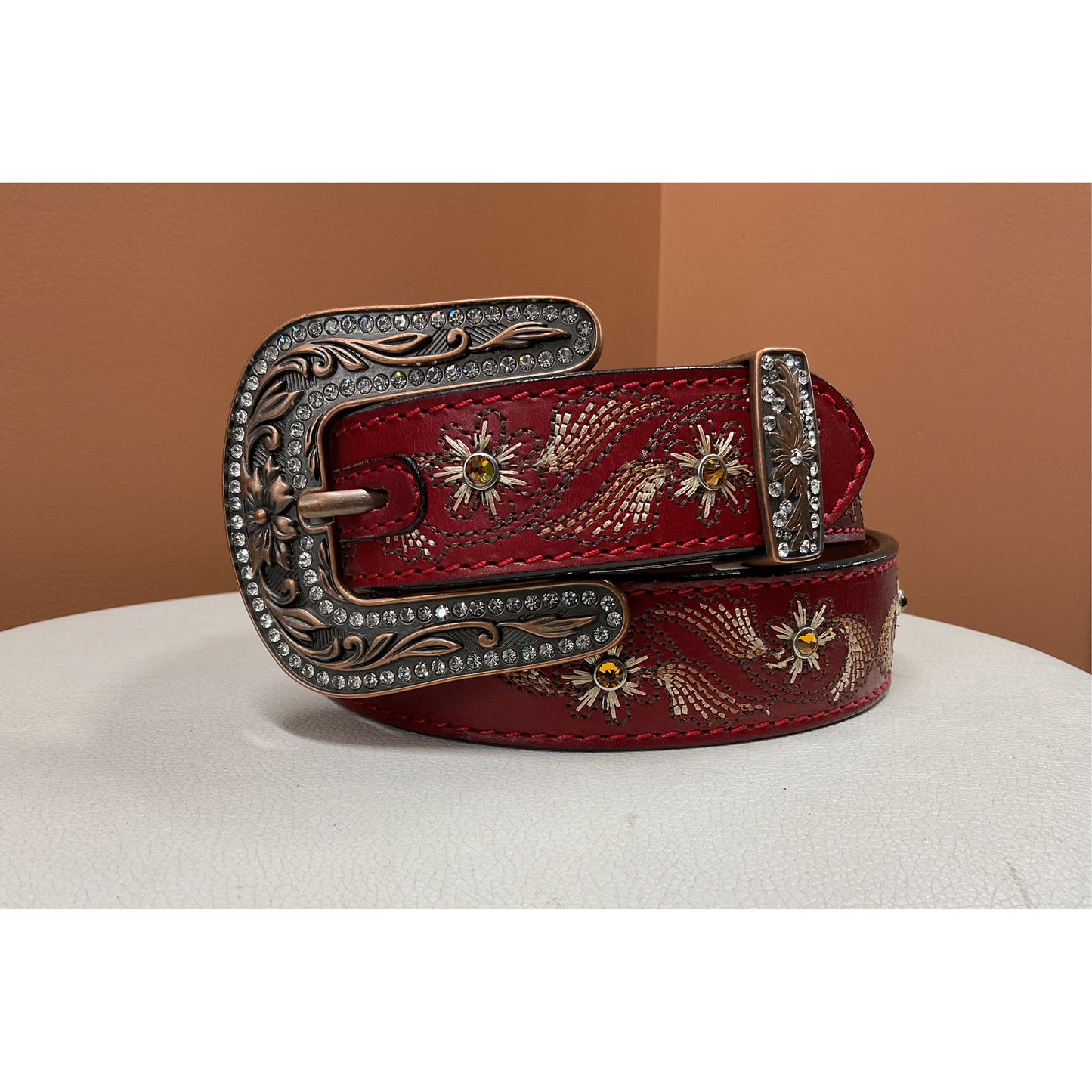 Nocona - Ladies BELT, Leather Flower Embroidered w/ Rhineshtone N1330999