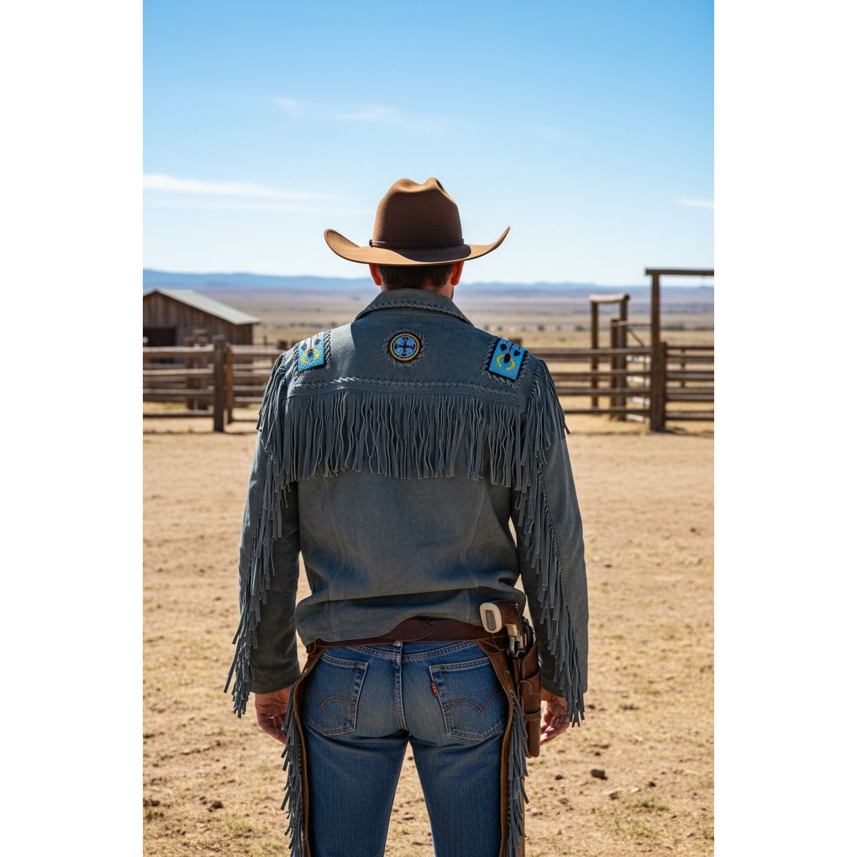 Ranchmans Leather Suede Jacket, Fringe, Navajo beaded design, Grey