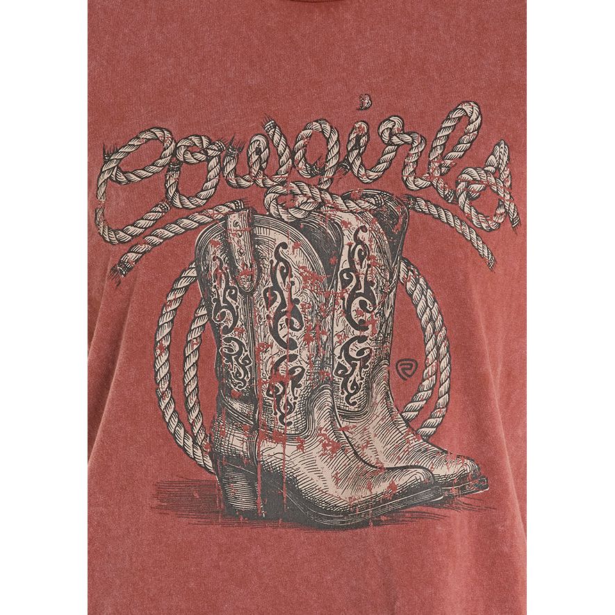 Rock and Roll Cowgirl Women's Rust Mineral Wash 'Cowgirls' Graphic Cropped Tee Shirt BW21T08886
