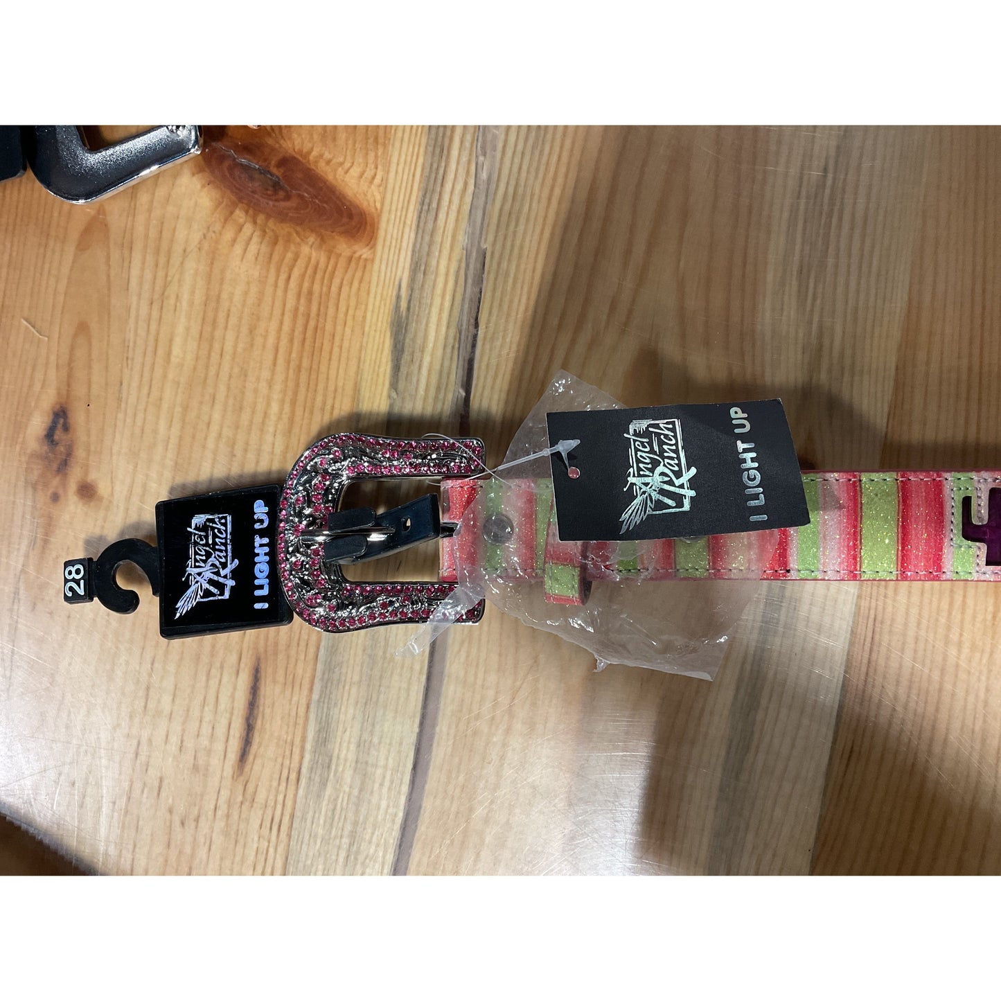 Angel Ranch Girls Belt -Leather, Inlay LIGHT UP Cactus, Pink Rhinestone, D130001230