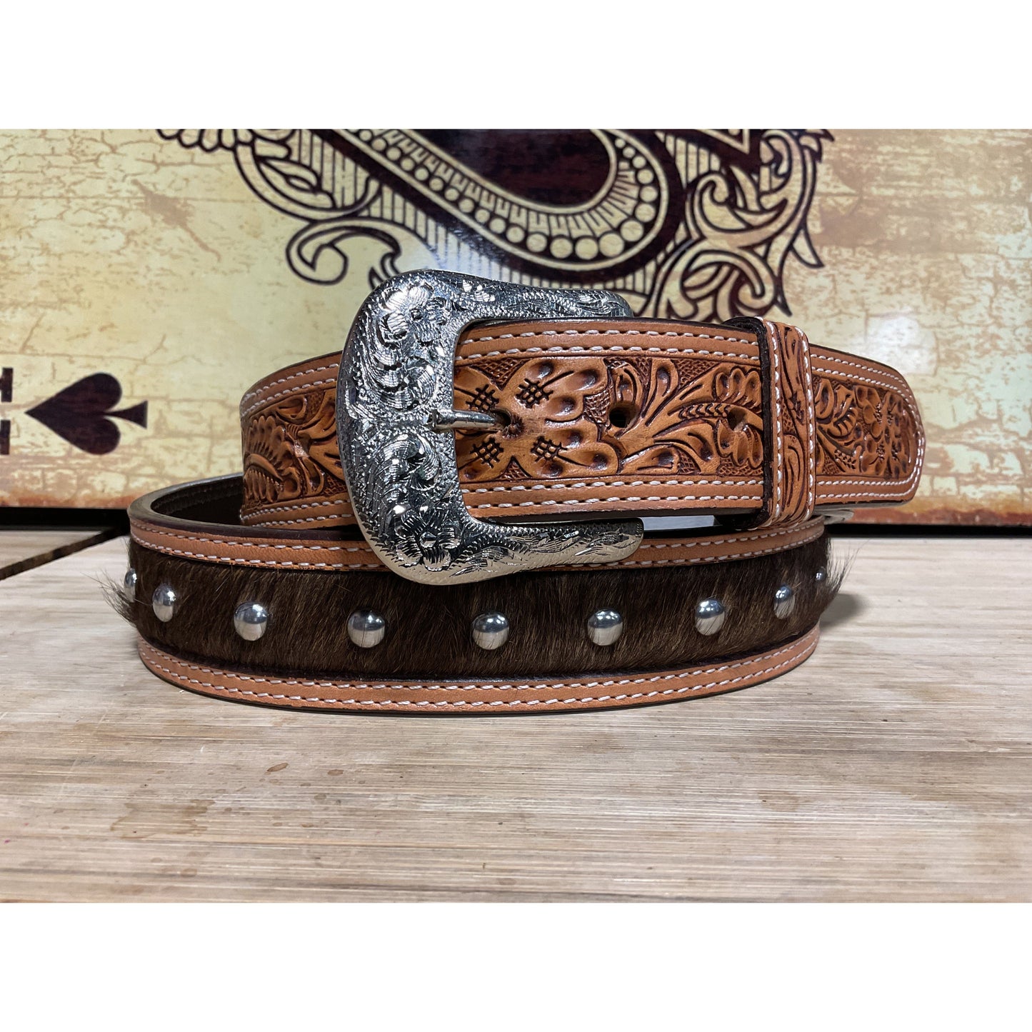 Twisted X Men’s Belt- Floral tooled with cow hide and studs XABH1001