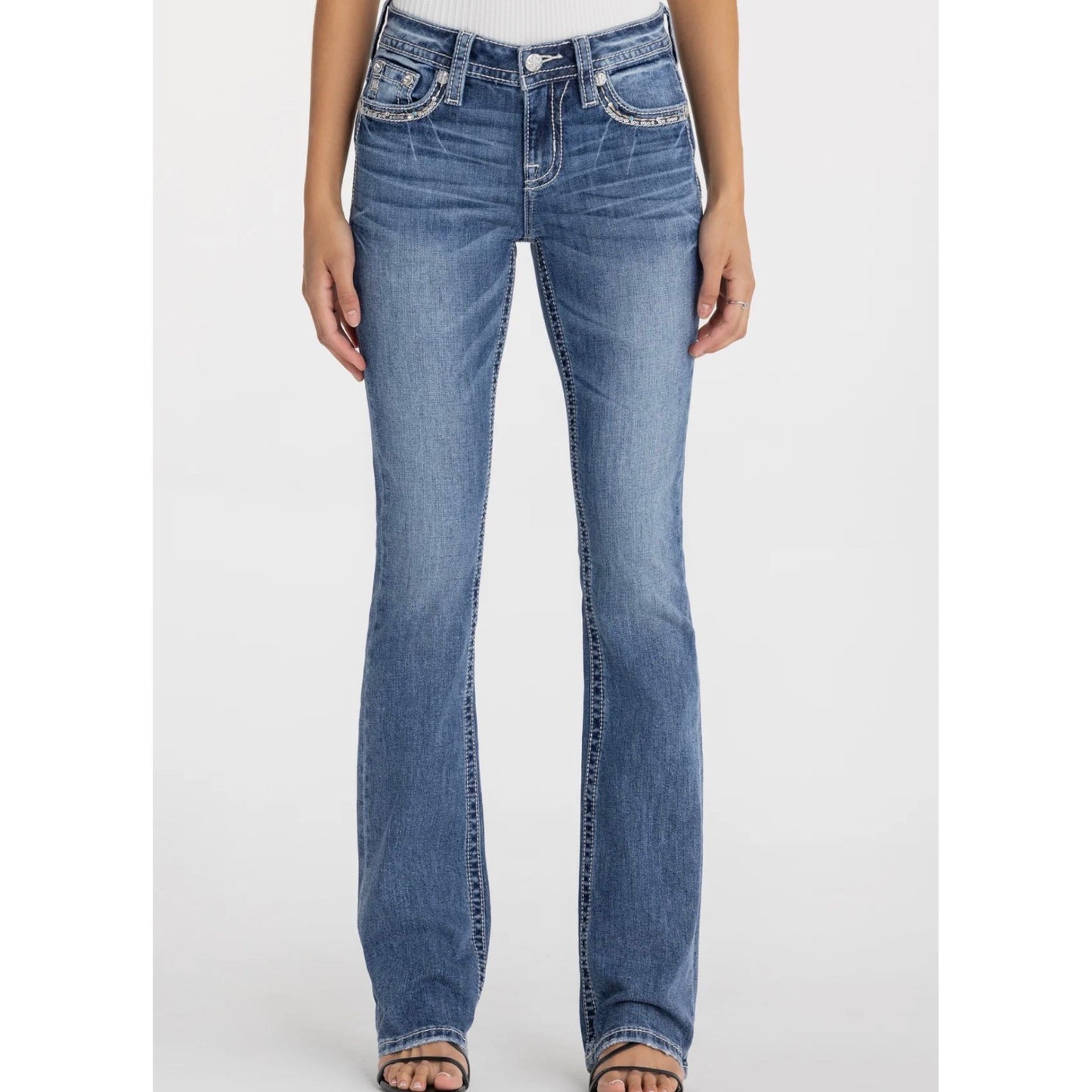 Miss Me Women's Avery Cross Stitch Mid-Rise Bootcut Jeans M9528BL