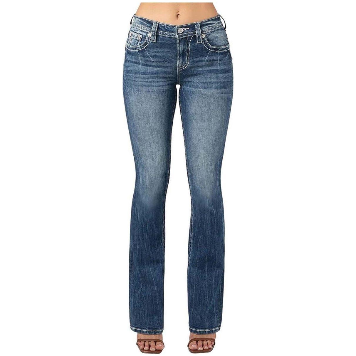 * MISS ME Women's Mid Rise Gold Trim Angel Wing Bootcut Medium Blue Jeans M3080B36