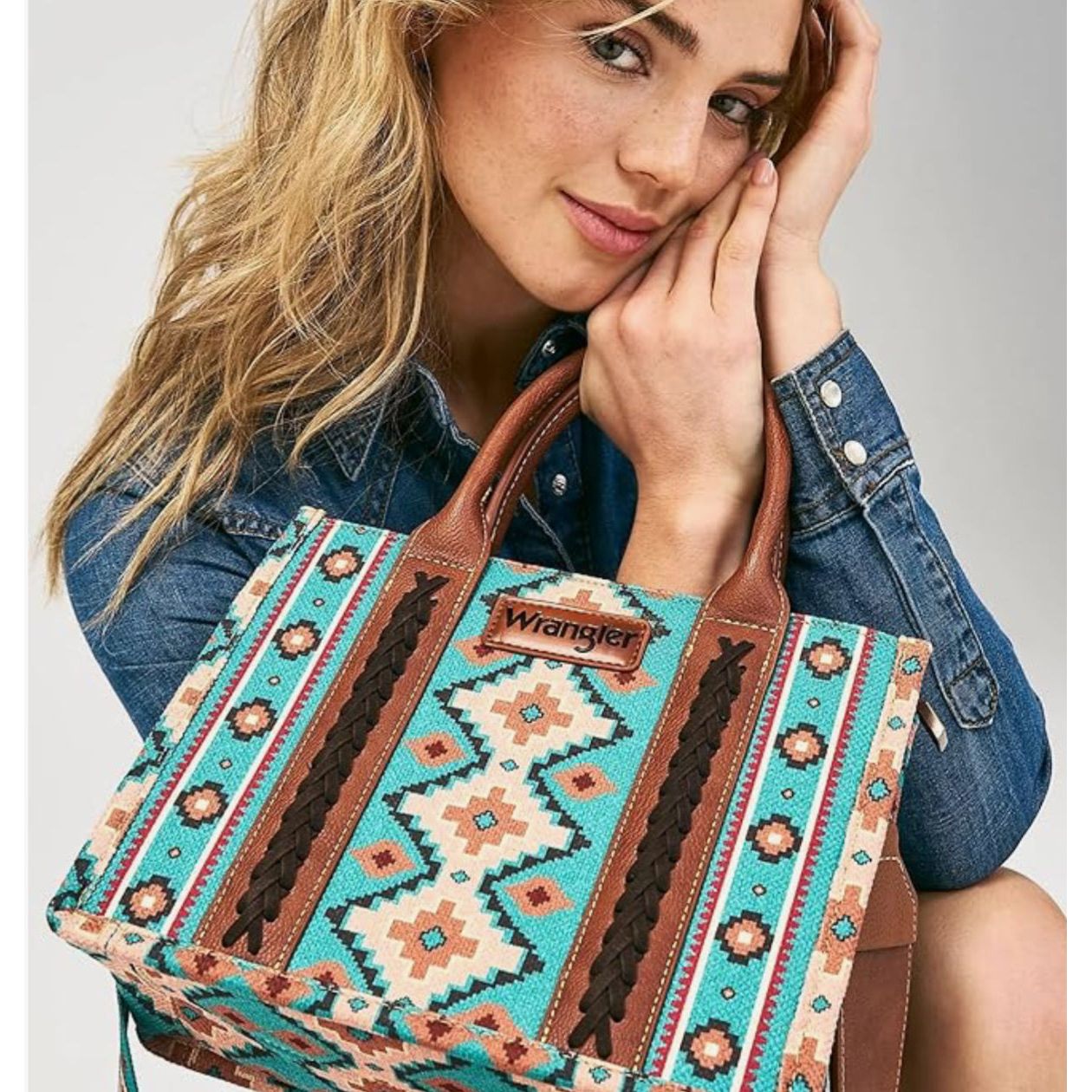 Wrangler Aztec Tote Bag, Top Handle, Shoulder Purse and Handbag, Turquoise WG2203-8120STQ