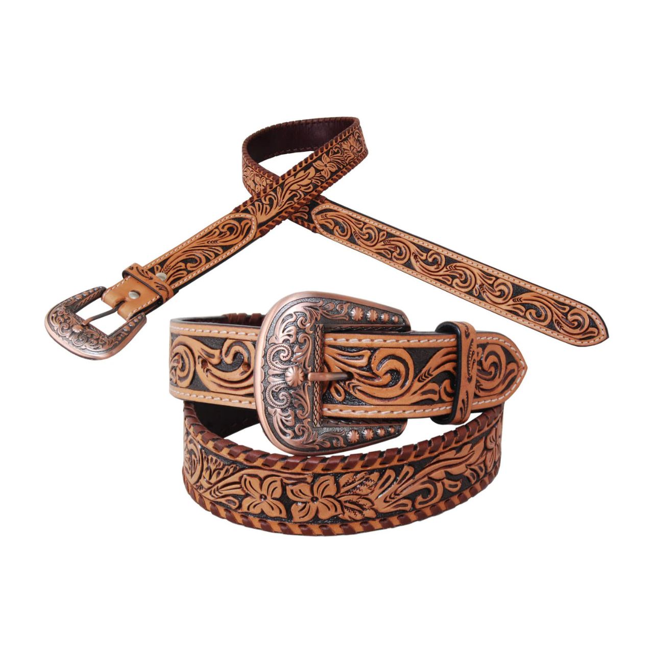 Rafter T Ranch Company- Ladies- BELT 1.5”- LT Oil, Laced & Tooled, Copper Buckle BT518