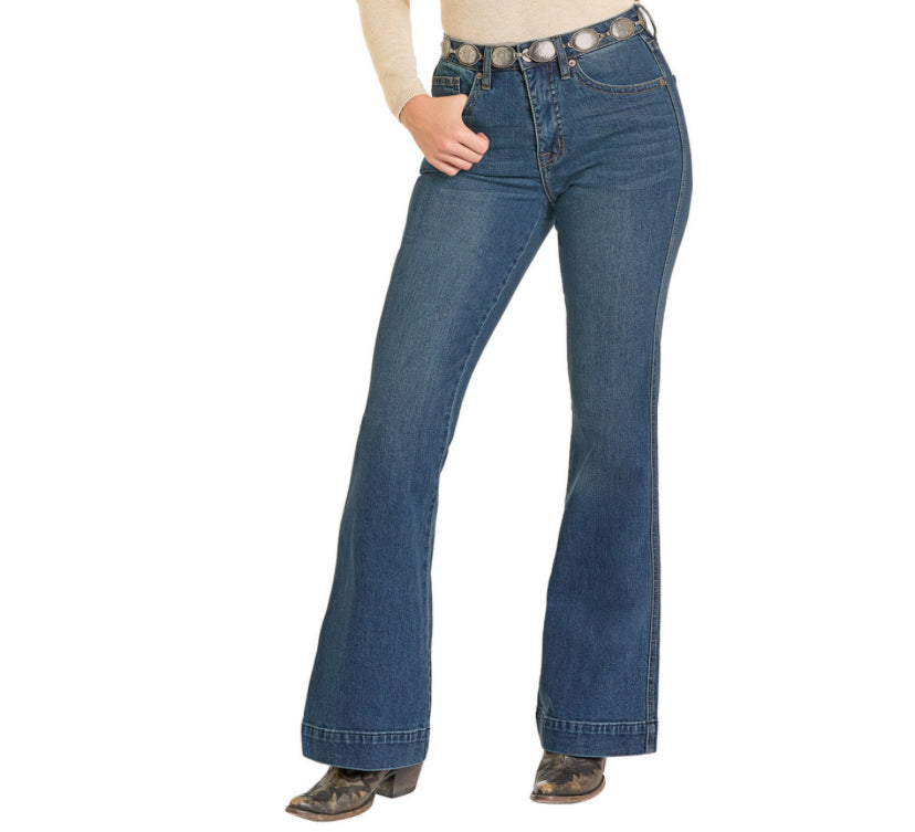 Rock & Roll Denim Ladies Trouser -medium Wash, High Rise, Signature Pocket BW5HD07211