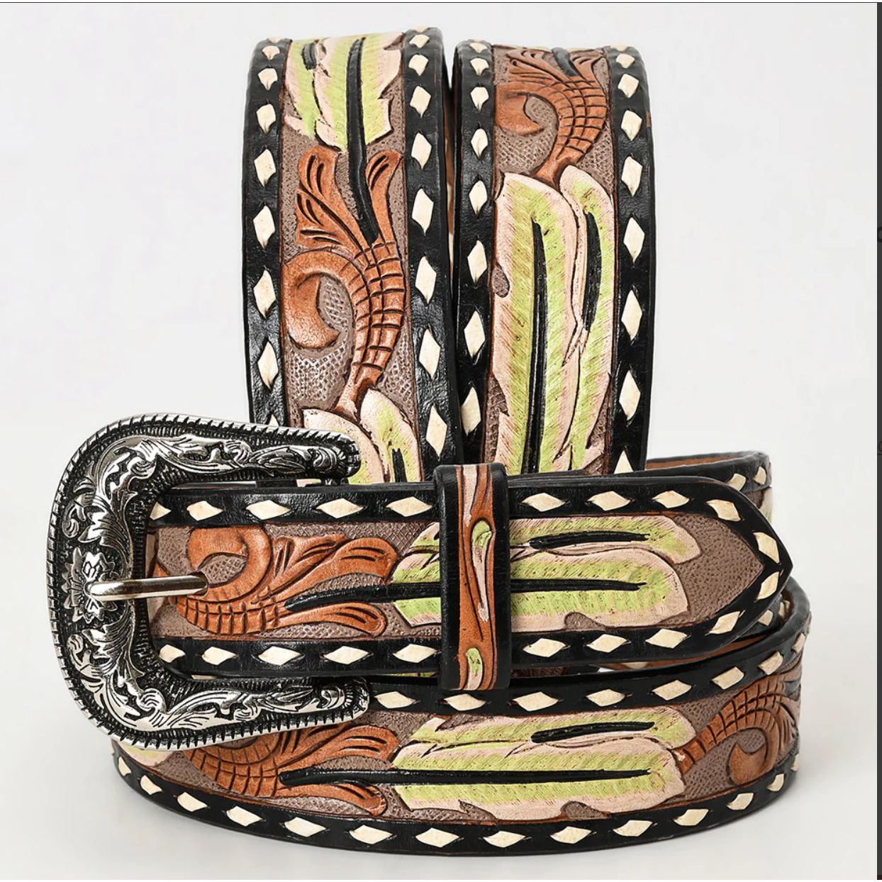 American Darling Belt men / Ladies - Black, w/ Cream Buckstitch hand tooled feather ADBLF134