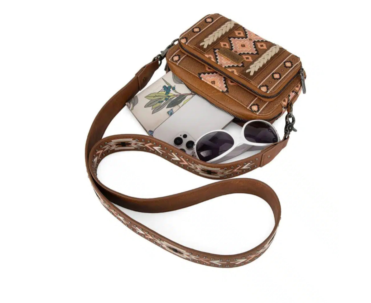 Wrangler Southwestern Pattern Dual Sided Print Crossbody Purse With Wallet Compartment WG2207-3005