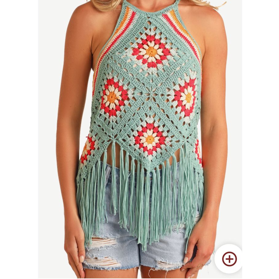 Rock & Roll Ladies Halter Top Crochet Auqua w/ Fringe BW20T05965
