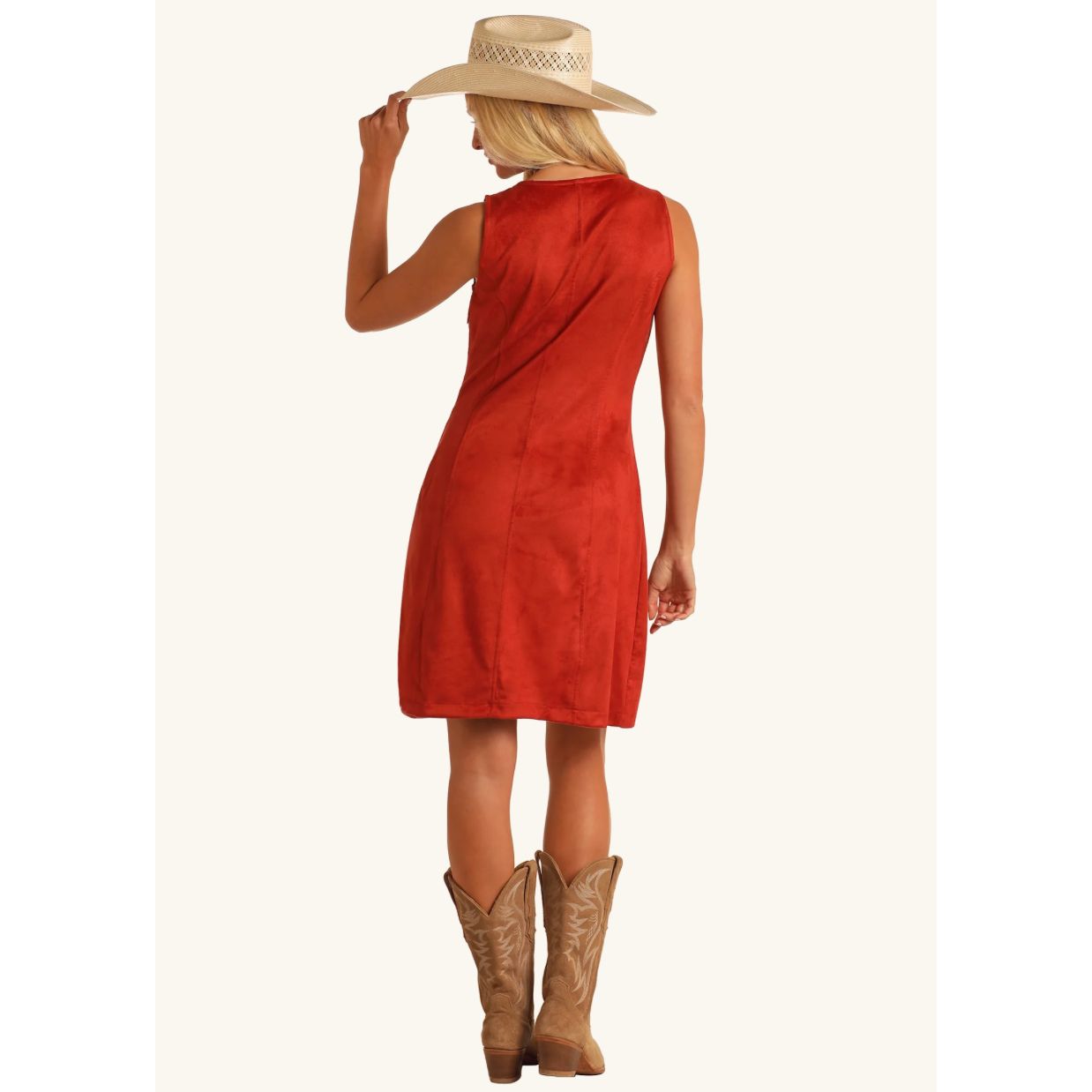 Panhandle Ladies Dress, Sleavless, Fringe, Suede, Scarlet LWD0R05806