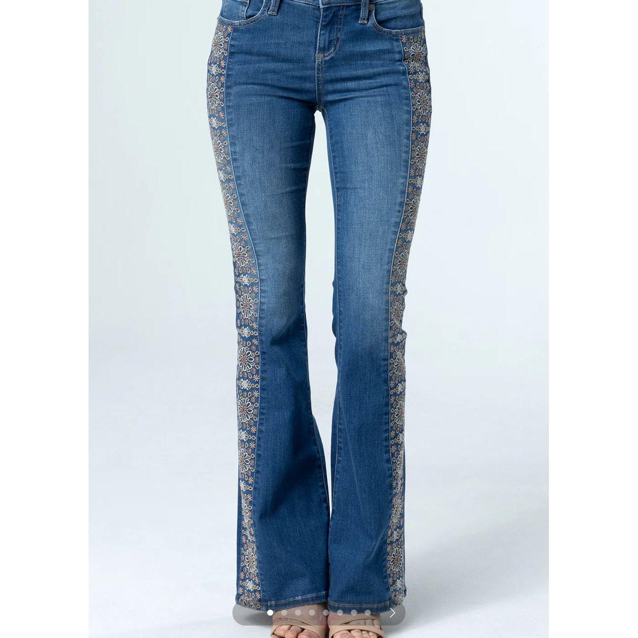 Miss Me Ladies Jean - MID-RISE FLARE, Towering Floral Flare M2329F