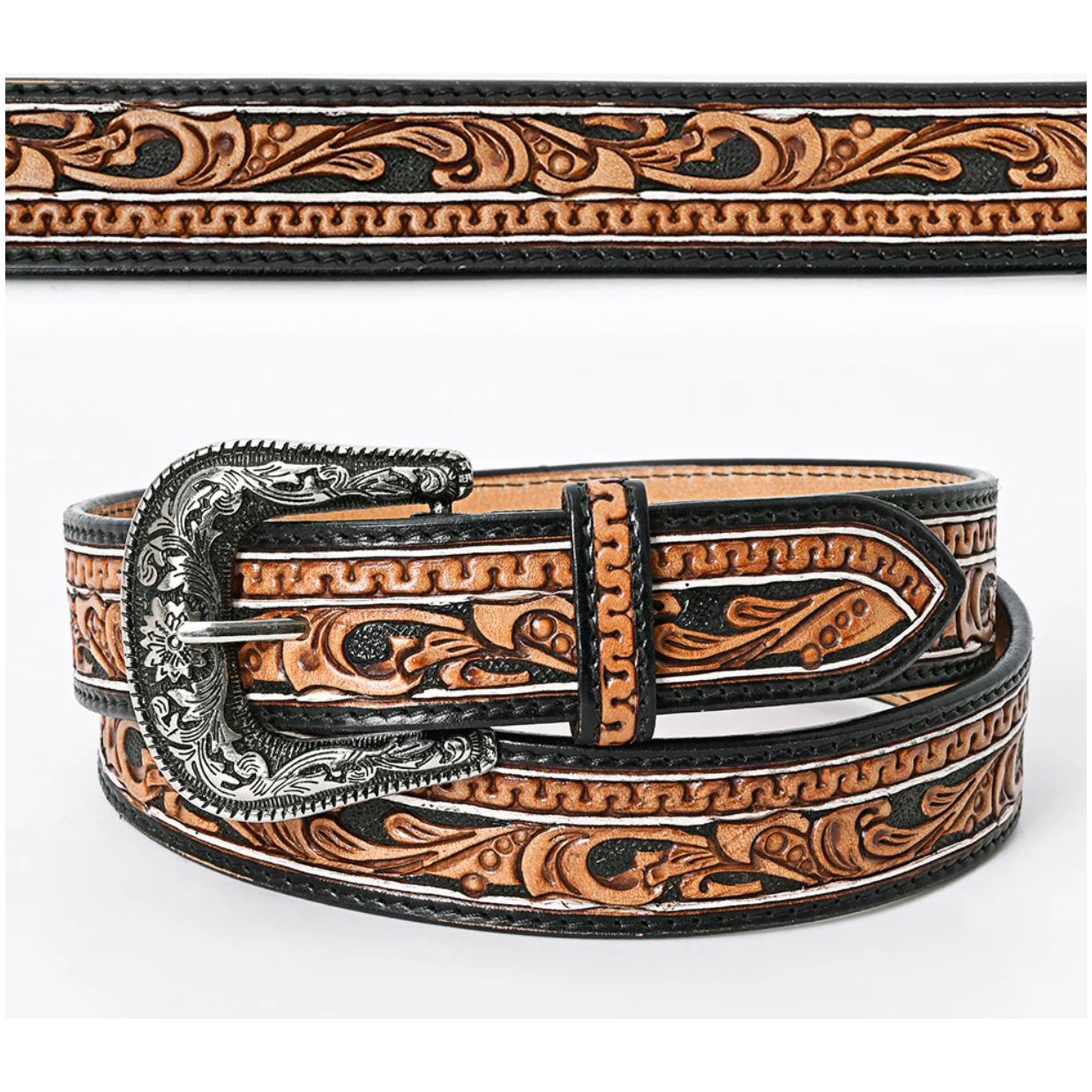 American Darling Belt men / Ladies - Black w/hand tooled filigree ADBLF109