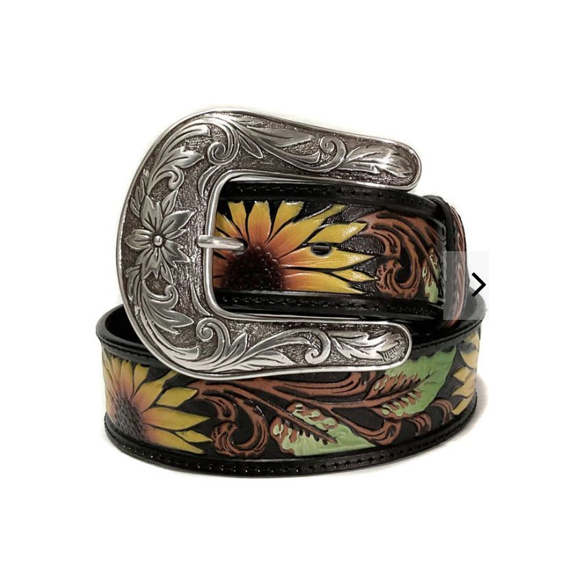 Nocona Ladies Belt Black w/ Sunflower tooling- N320002301