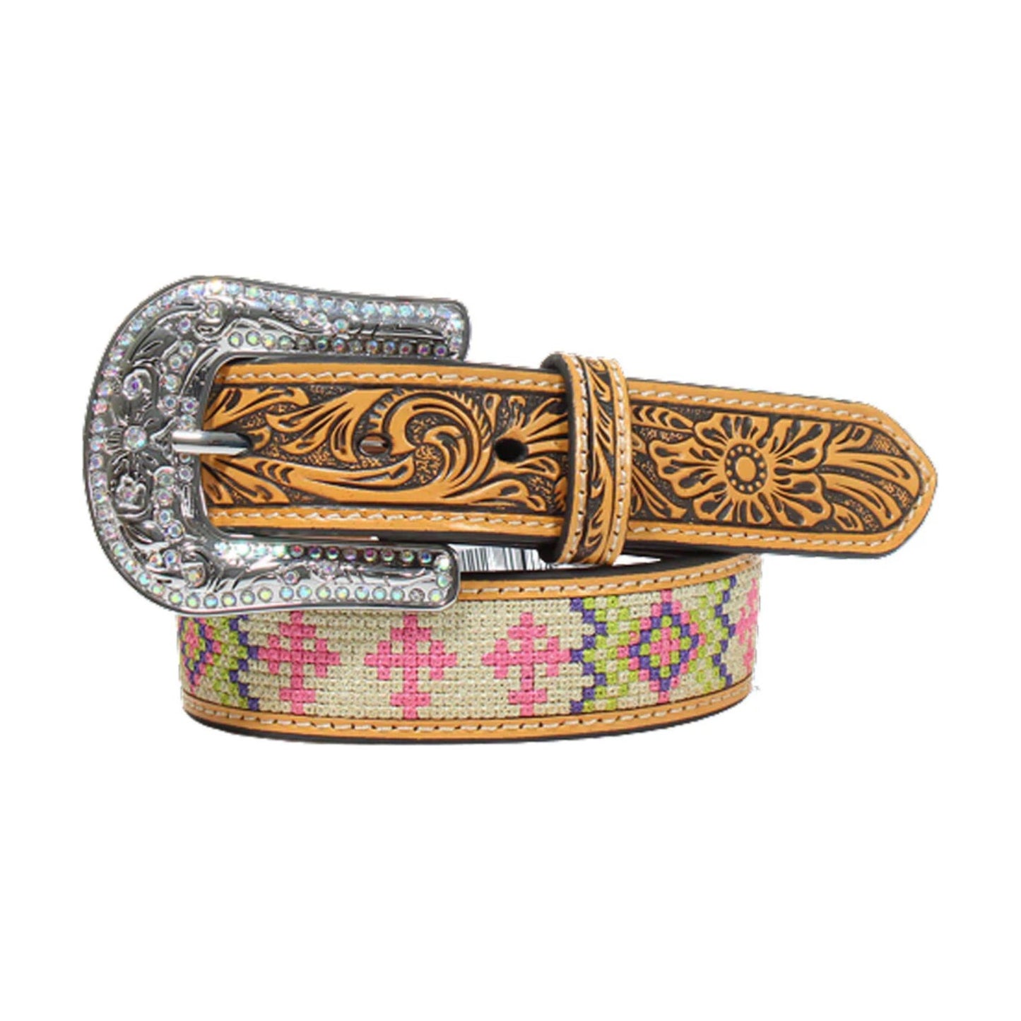 Angel Ranch Girls Belt -Leather Inlay Stitched Cross, Tooled Ends
