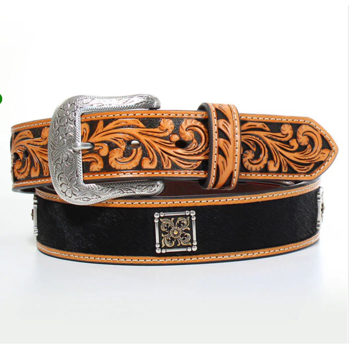 Nocona Men’s Belt - Black Calf-Hair, Square Conchos, Embossed Tabs N210006101