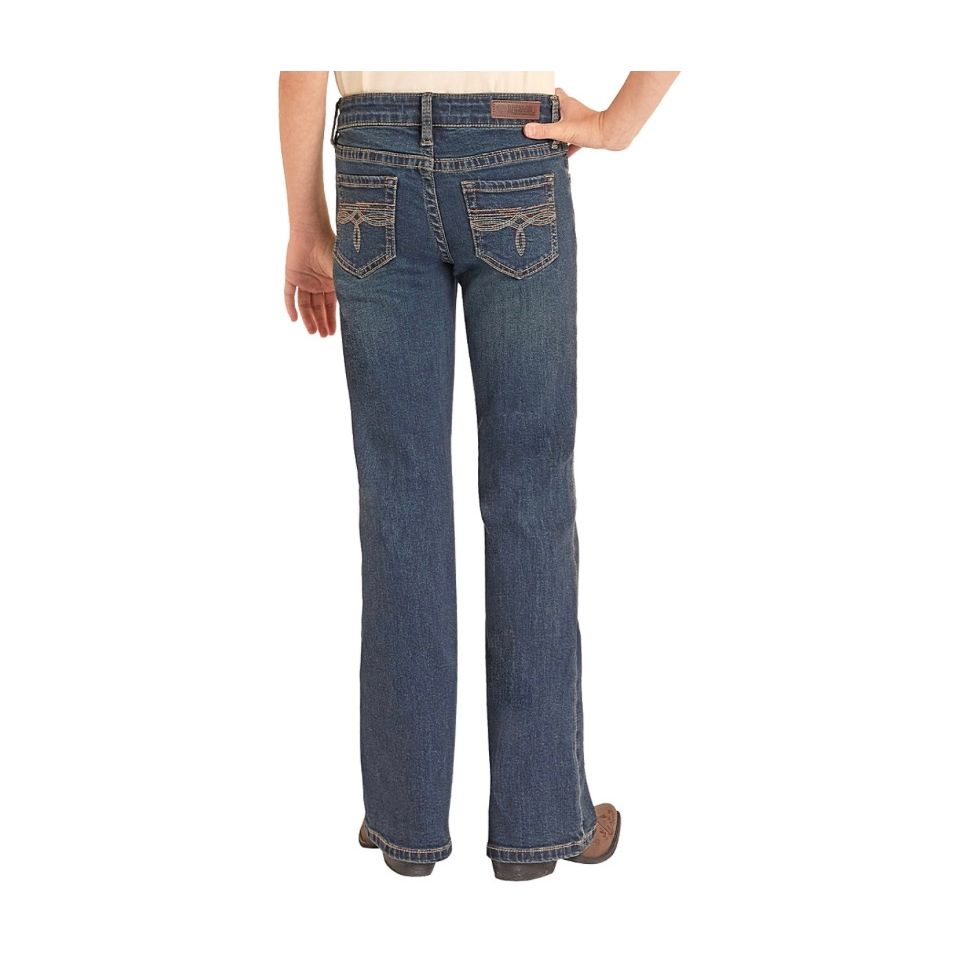 Rock & Roll Girls' Jean - Dark Vintage, Bootcut , Turquois Bootstitch Pocket BG4MD09075