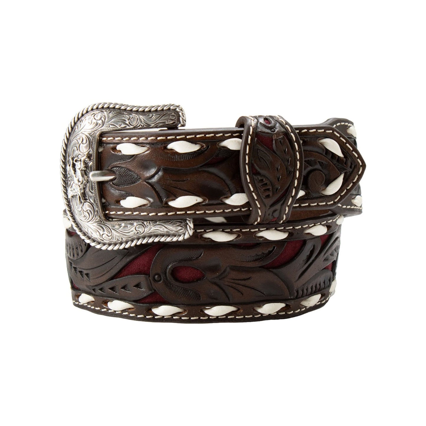 3D Belt Co. Youth Belt, Tooled, Burgundy Inlay, Whipstitch D120004509