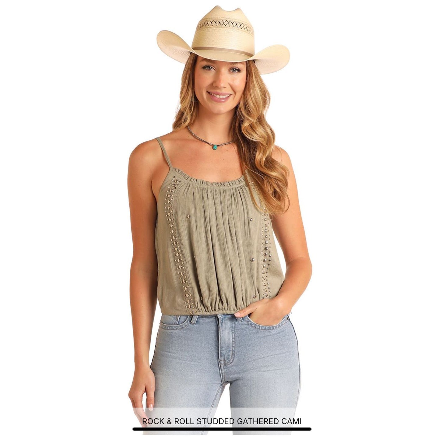 Rock & Roll Ladies Cami Top, Studded, Sage Green, BW20T05899