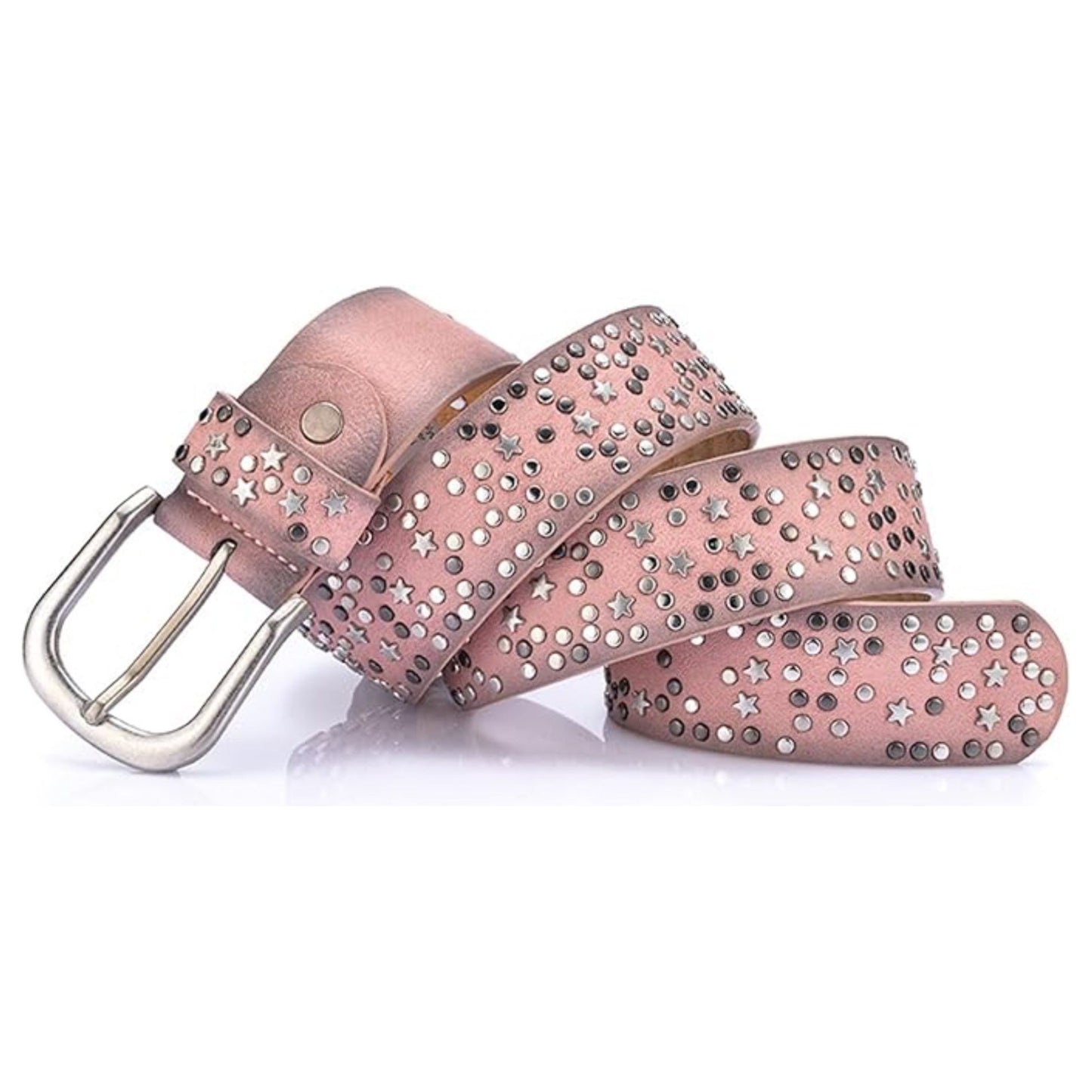 Ladies Belt- Leather, silver studded star’ pastel antiqued pink 110CM