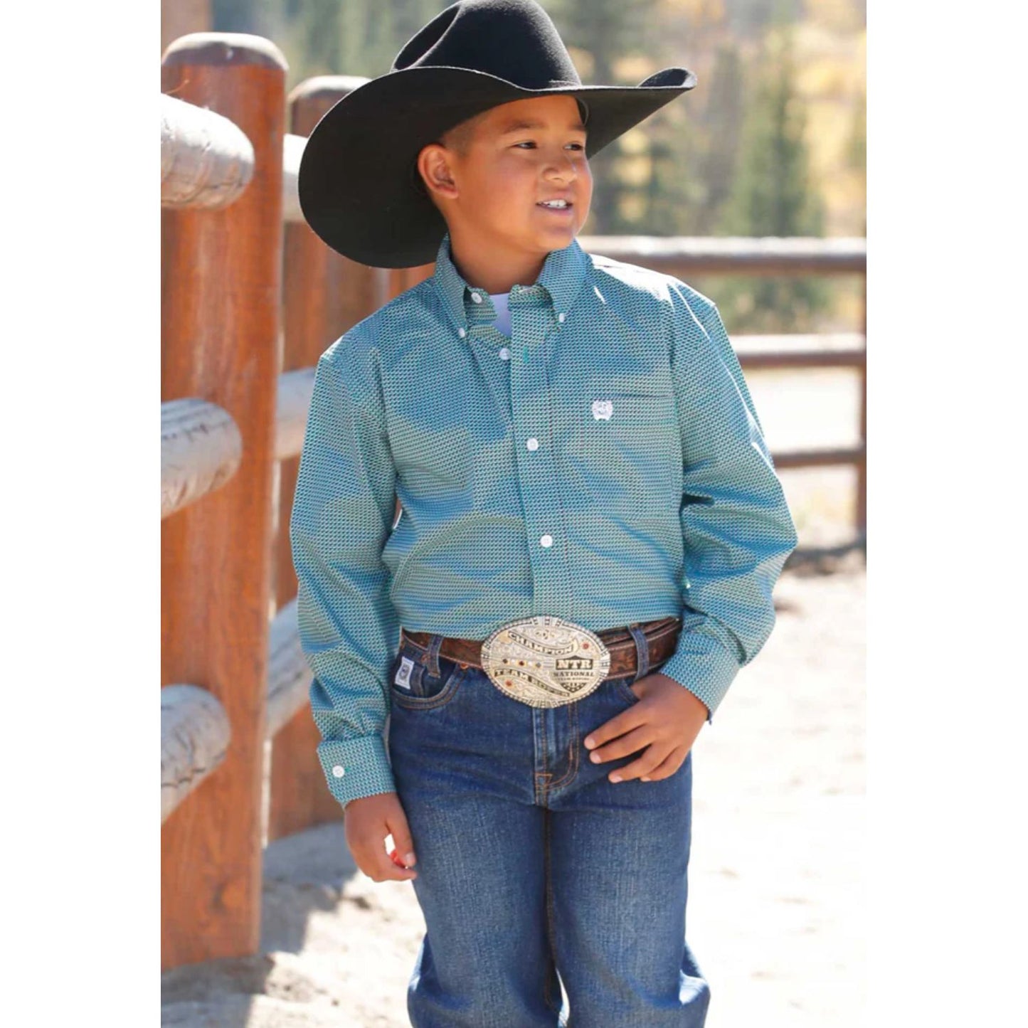 Cinch Boy’s Western Shirt, Button Down Geometric Print Long Sleeve, Turquoise MTW7060391