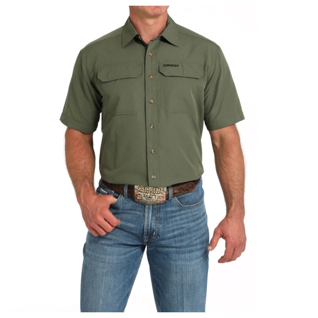 Cinch Men’s Arenaflex Shirt, Short Sleeve- Button Front, Olive MTW1723003