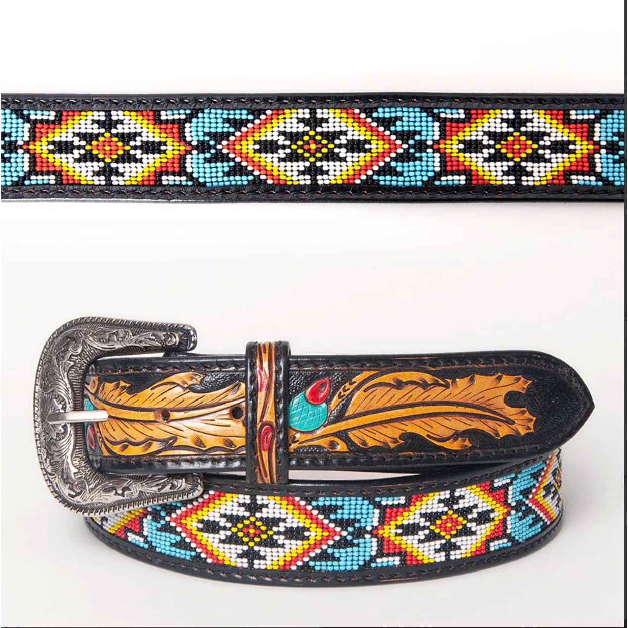 American Darling Belt men / Ladies - Black, w/ Red, Blue, Yellow & white beaded ADBLF147