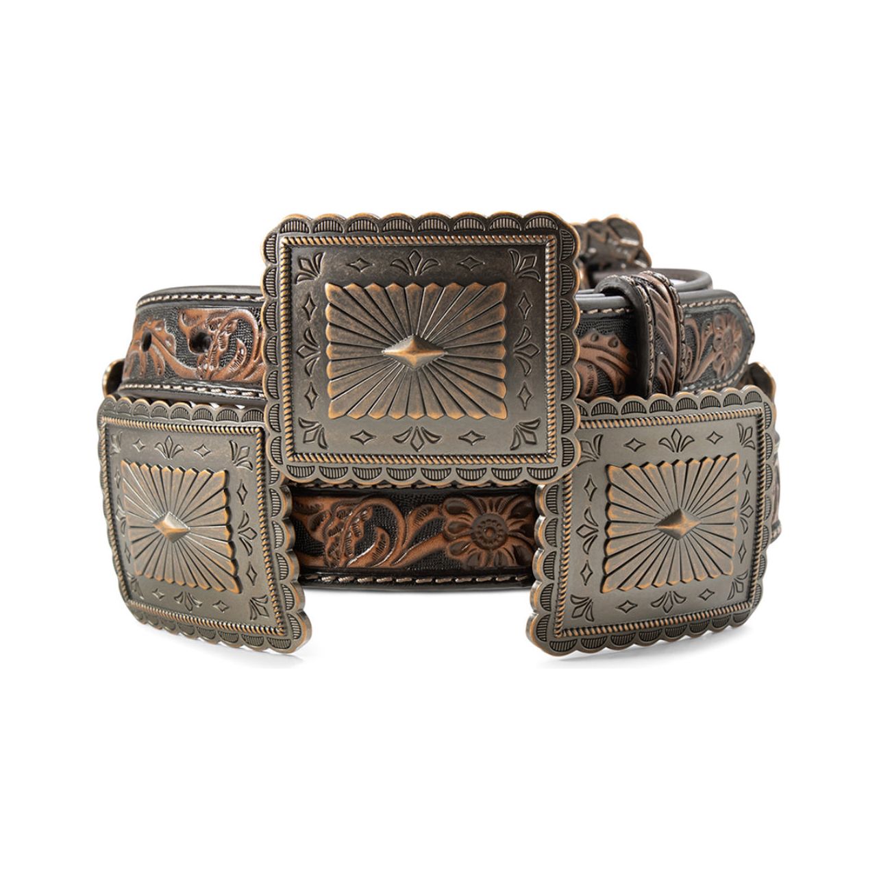 Ariat Ladies Concho Belt -Brown Floral Tooled Leather A1567902