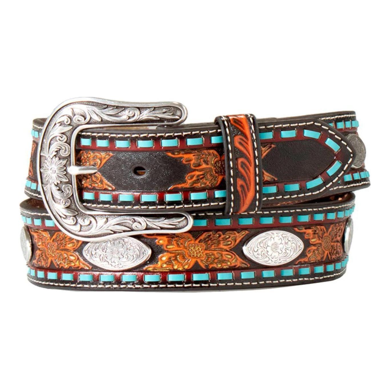 Nocona Ladies Belt FLORAL EMBOSSED & OVAL CONCHO BELT - BLACK & RED N320000764