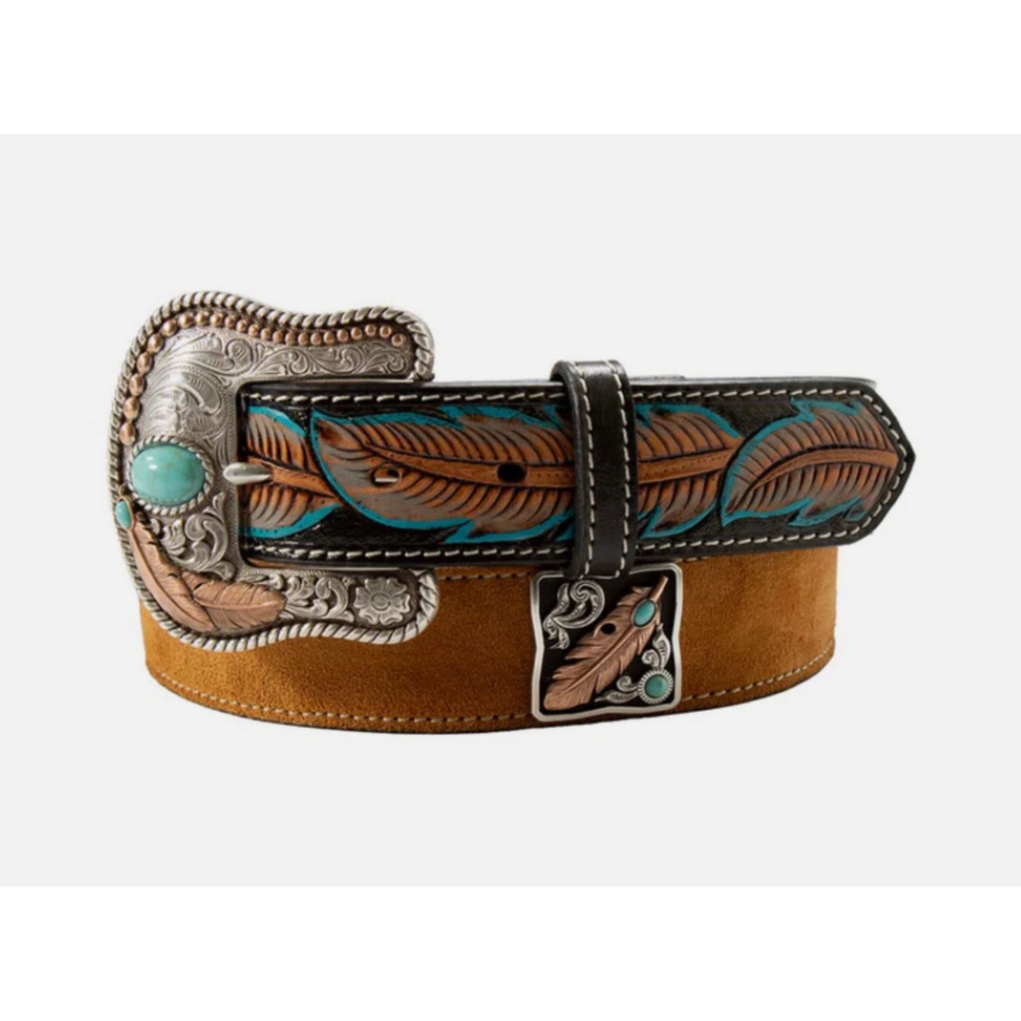 Nocona Ladies Belt, Ruffout with Square Feather & Turquoise Concho - N320007208