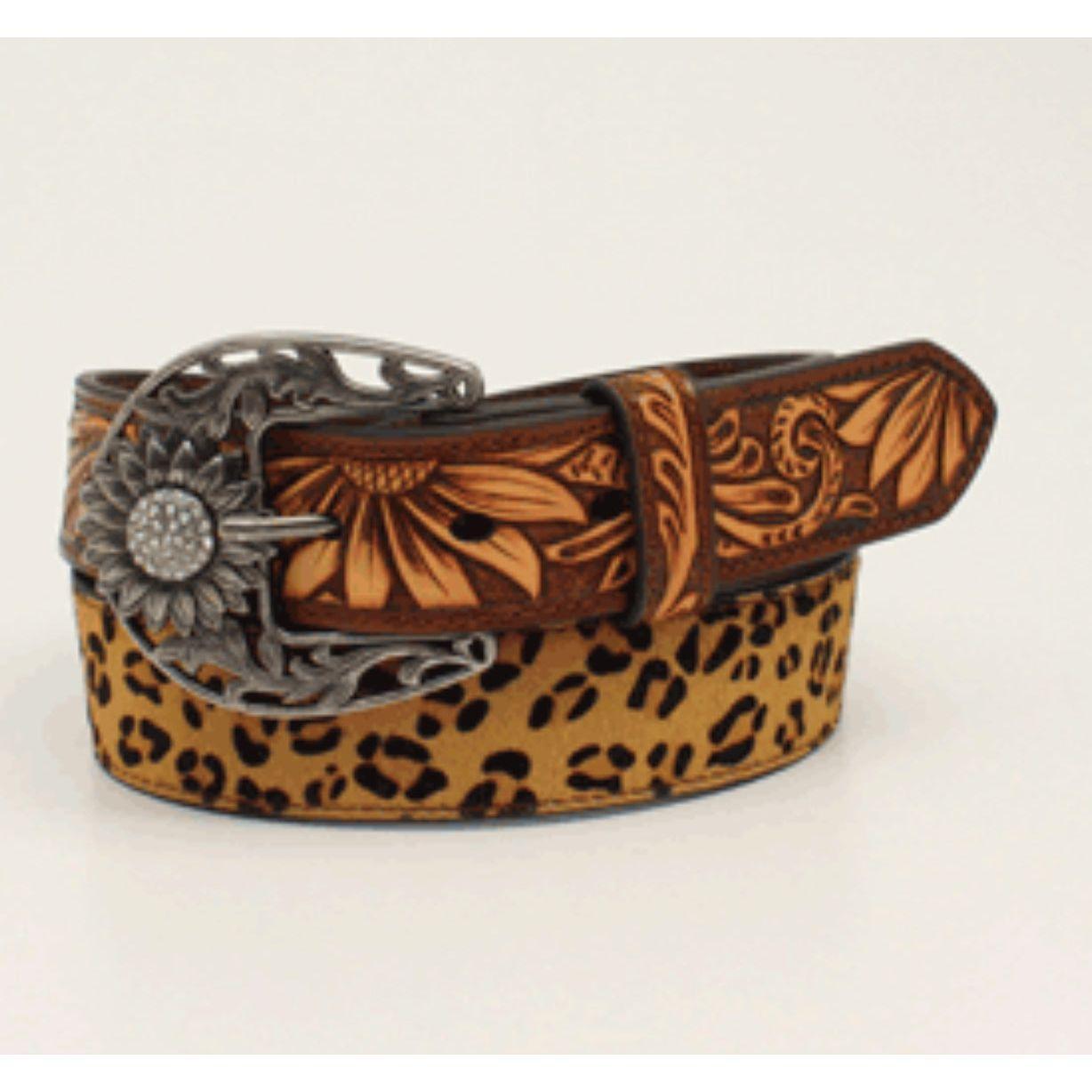 Angel Ranch - Ladies- LEOPARD SUNFLOWER TOOLED BELT - BROWN D140001802