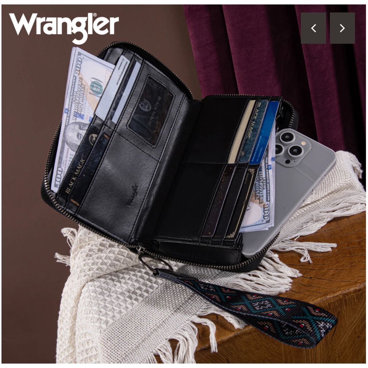 Wrangler Wrangler Southwestern Embroidered Wallet, Black or Brown or Jean WG2214-W006