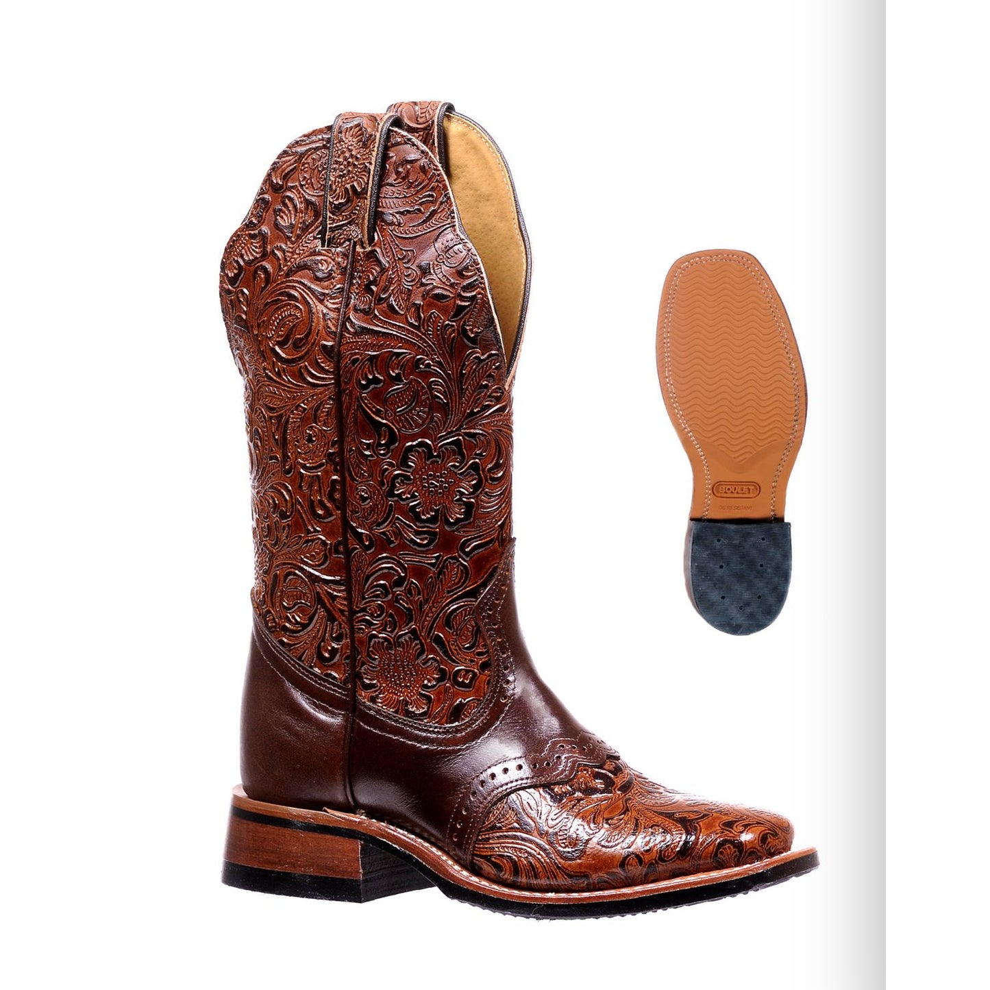 BOULET Ladies WESTERN BOOTS, Floral Top, Square Toe, 2050
