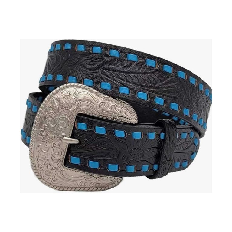 BHW - Ladies- BELT - Stamped Black Leather w/ Royal Blue Buckstitch 614