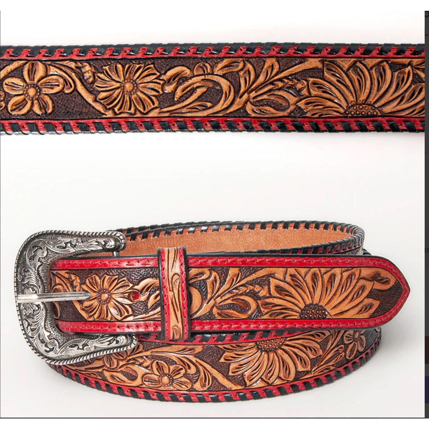 American Darling Belt men / Ladies - Red w/Black lacing & flower, hand tooled ADBLF103