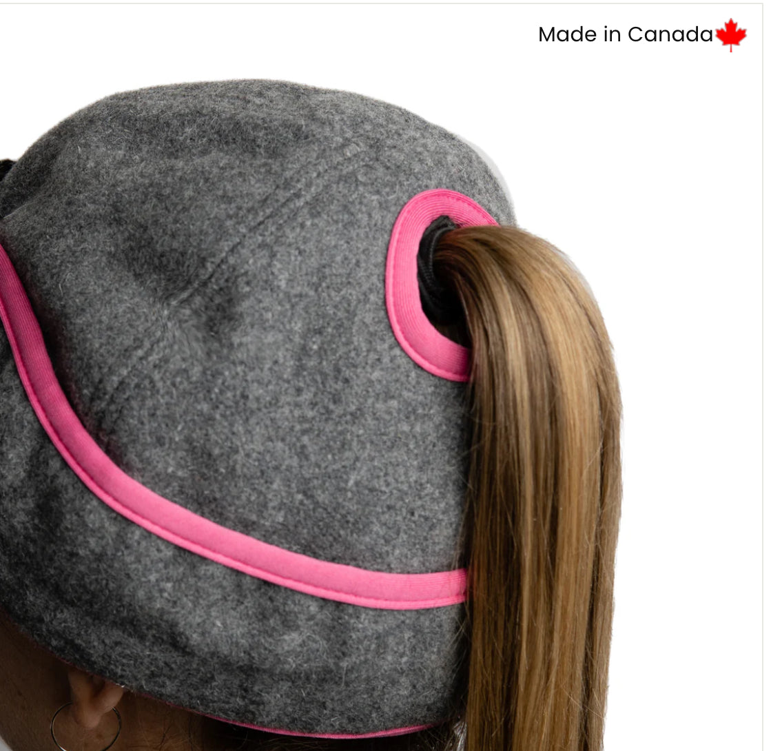 CROWNCAP Ladies Charcoal/ Pink Wool Blend Railroad Hat w/ Ponytail Hole Winter Hat 1-170L-PT