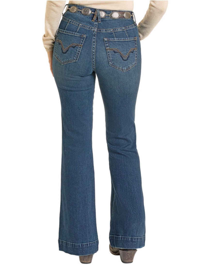 Rock & Roll Denim Ladies Trouser -medium Wash, High Rise, Signature Pocket BW5HD07211