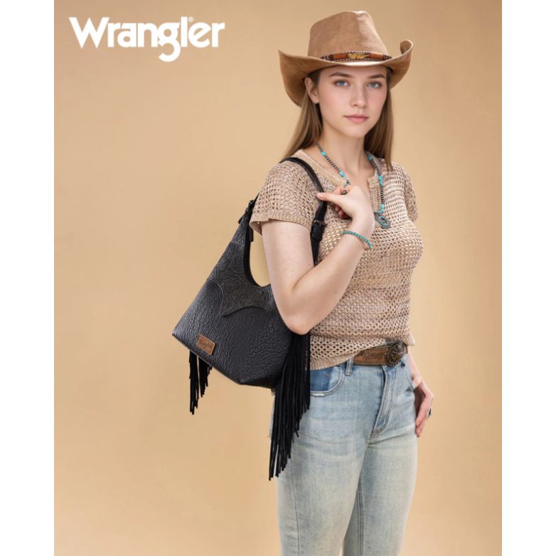 * WRANGLER Fringe Floral Tooled Hobo Bag- Black WG265-3027BK
