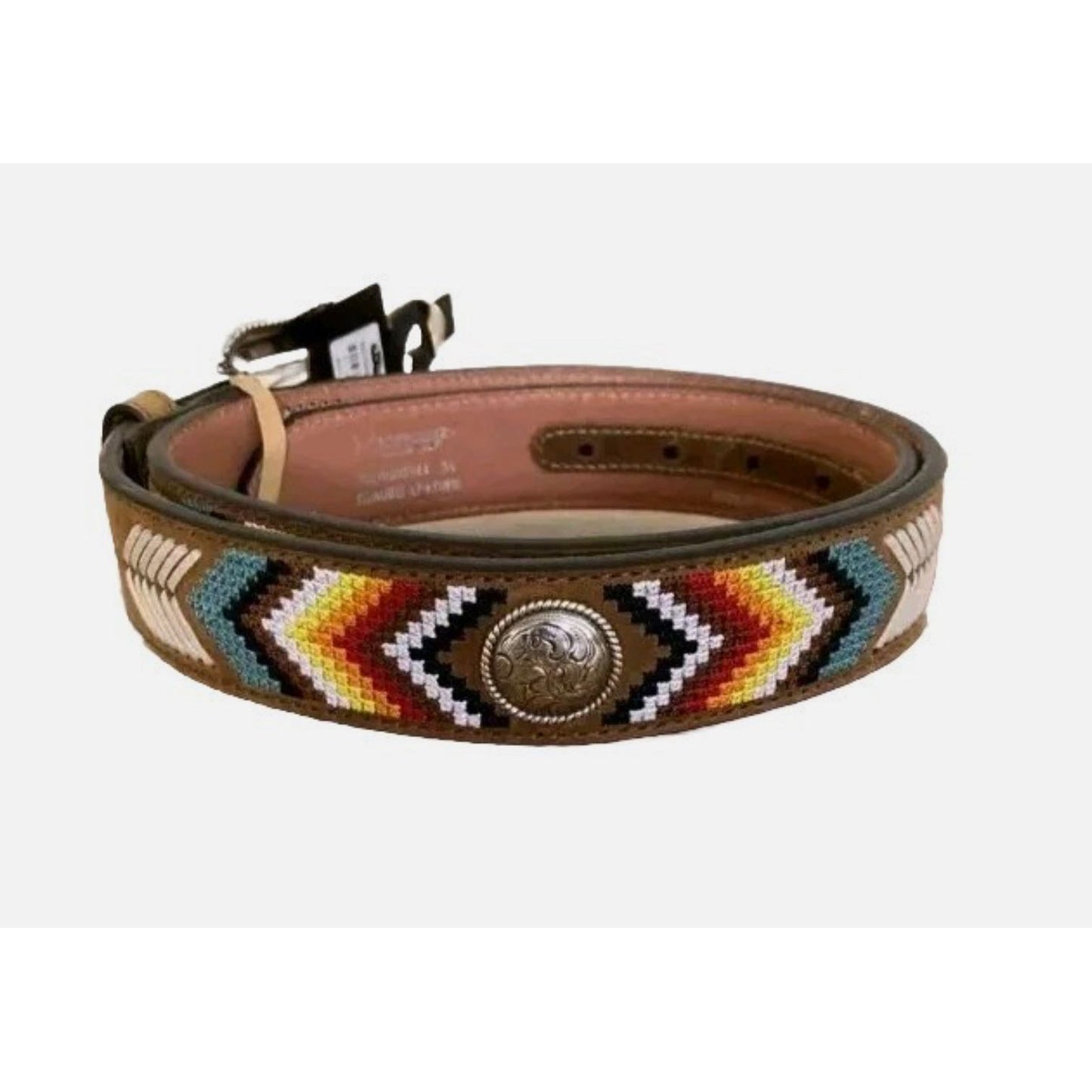 Nocona Men’s Belt, Leather w/ Stitched Southwest Pattern, Rawhide Lacing & concho - N210003644