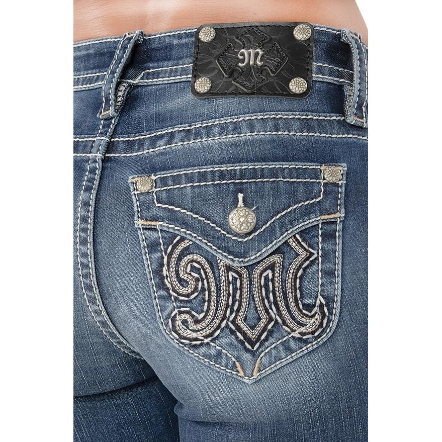 Miss Me Women's Big M Logo Embellished Faux Flap Pockets Mid-Rise Bootcut Jeans M9430bl