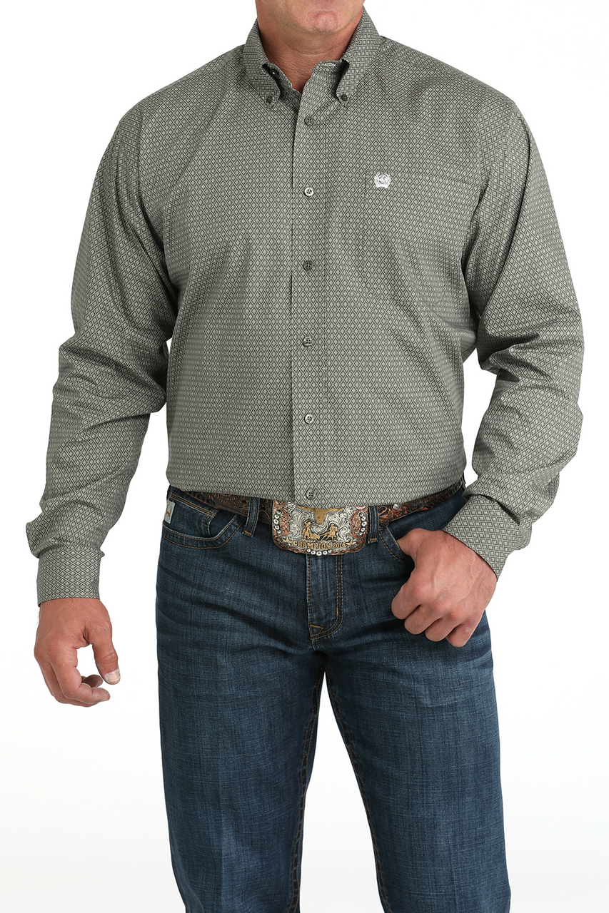 CINCH - Men LONG SLEEVE BUTTON-DOWN SHIRT, Geometric Print, Olive MTW1105981